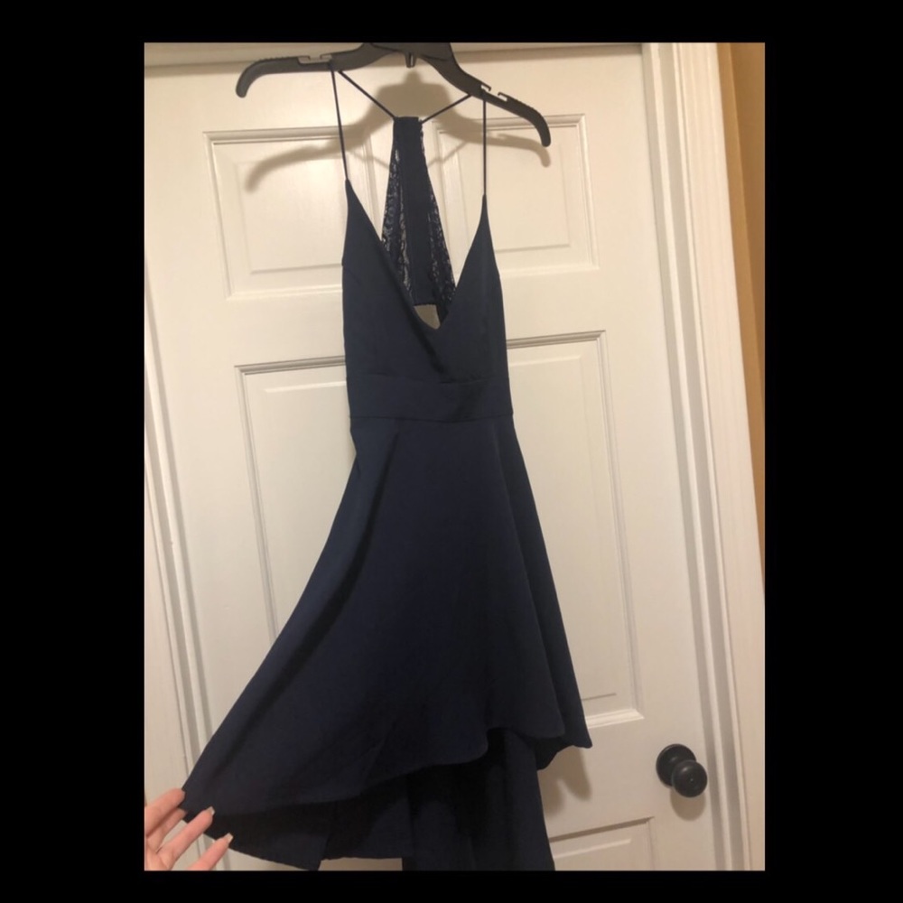 Navy cut out lace insert irregular hem dress - Picture 6 of 7